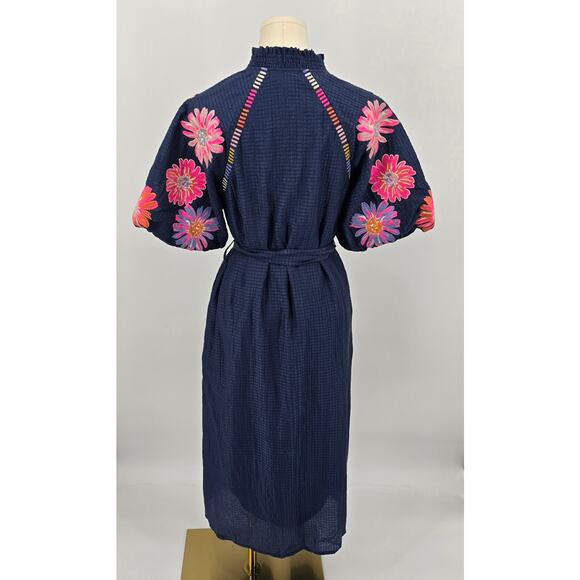 THML Navy Embroidered Puff Sleeve Textured Midi Dress XS - Picture 3 of 7